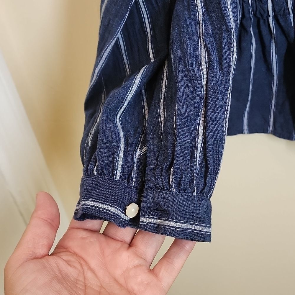 JCREW Linen Blend Denim Top Full Button Front Cinching Waist Contrasting Stripes - Picture 5 of 15